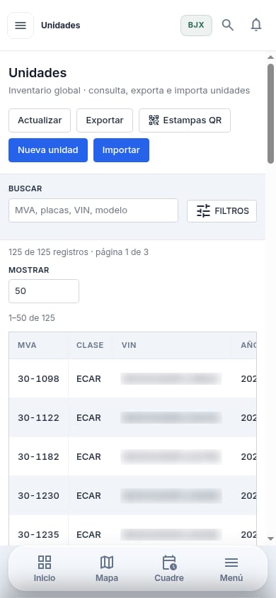 Inventario de unidades en el celular